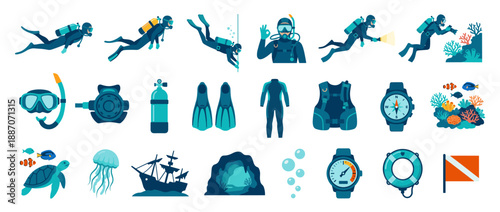 Scuba diving equipment and divers exploring underwater life in a vector illustration.