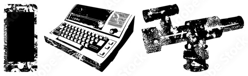 Vintage Tech Smartphone, Typewriter, and Telescope in Halftone Vector Style
