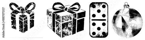 Vintage Style Gift Box, Tile, and Ornament in Halftone Vector Design
