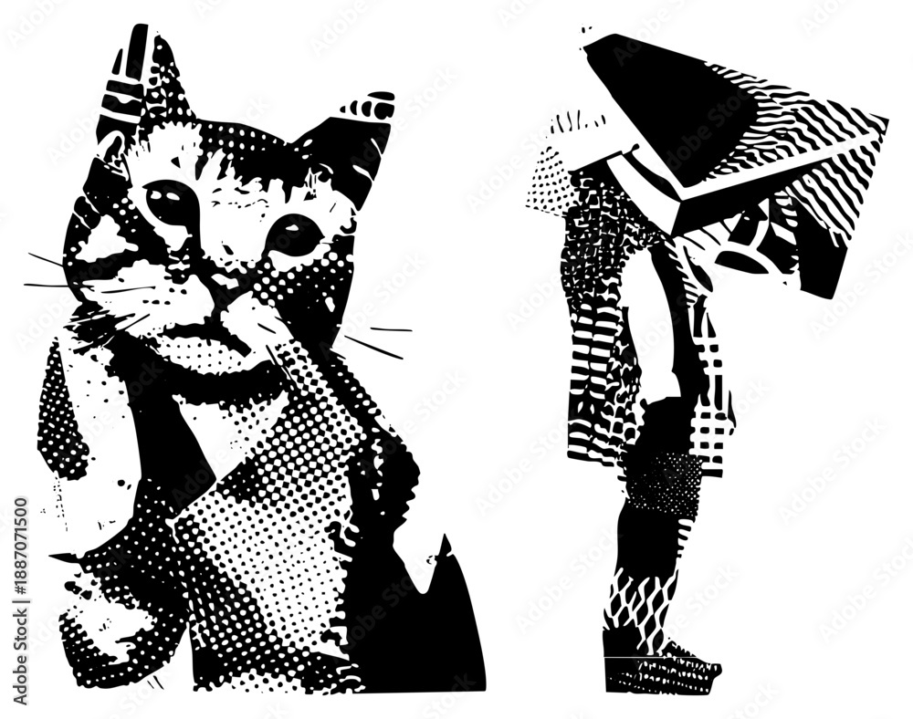 Fototapeta premium Halftone Cat and Bookworm Figure in Bold Black and White Vector Art