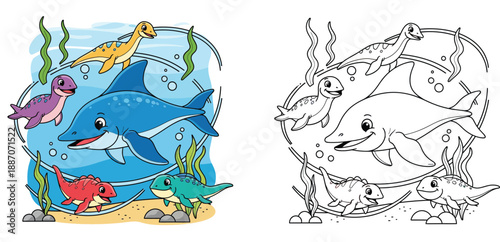 Group of cute cartoon prehistoric sea dinosaurs and marine reptiles swimming happily underwater with seaweed in blue ocean vector illustration.