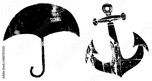 Vintage Umbrella and Anchor Symbols with Distressed Texture
