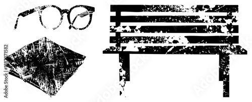 Vintage Glasses, Handkerchief, and Wooden Bench Silhouettes with Distressed Texture