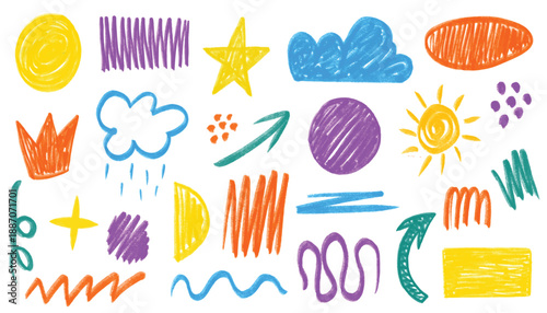 Hand drawn chalk vector element set. Crayon pencil color brush scribble pastel texture. Brush stroke kid square, crown, cloud, sun, spiral, arrow element sketch design. Crayon pencil line scribble art