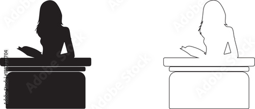 Woman with an open book stands behind the counter. Vector silhouette.