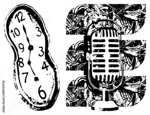 Distorted Clock and Vintage Microphone in Graphic Art Style