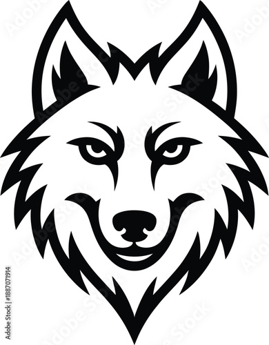 Black and white stylized wolf head with sharp and pointed ears