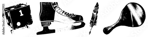 Four Objects in Halftone Vector Style Dice, Ice Skate, Feather, and Ping Pong Paddle