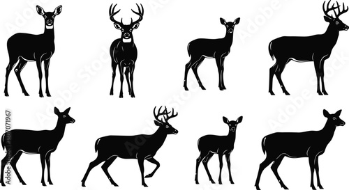 Collection of black deer silhouettes featuring buck and doe poses isolated on white background for wildlife design projects