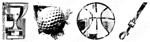 Vintage Sports Trophy, Golf Ball, Basketball, and Hockey Stick Vector