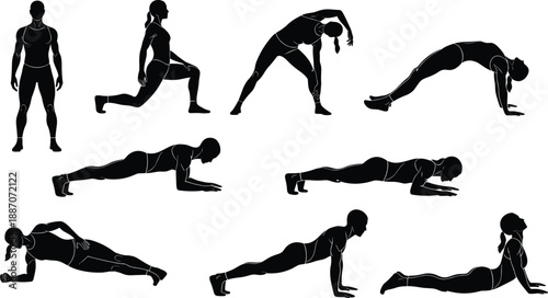 Fitness Exercise Silhouette Set Showing Bodyweight Training, Stretching, Plank, and Yoga Poses Isolated on White Background