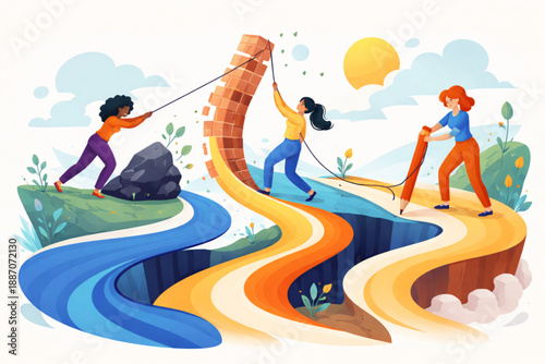 Women transforming abstract obstacles into flowing pathways in flat vector style