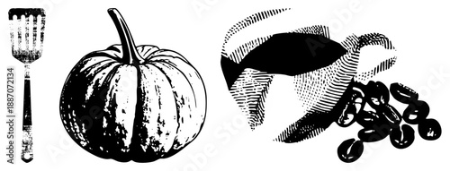 Vintage Halloween Pumpkin, Spatula, and Coffee Beans in Halftone Style