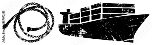 Coiled Rope and Cargo Ship Silhouettes in Grunge Vector Style