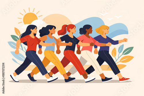 Women moving in synchronized motion representing unity and collective power in animated flat vector style