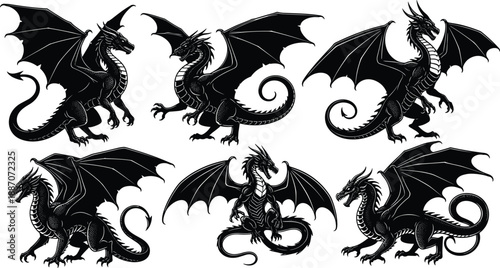 Set of black dragon silhouettes showing winged fantasy creatures isolated on white background for mythical and medieval design use