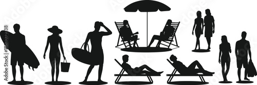 Beach lifestyle silhouette vector illustration featuring people relaxing, walking, sunbathing, couples and surfers enjoying summer vacation, seaside leisure and coastal travel concept