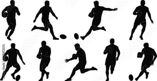 Set of black rugby player silhouettes showing running passing and kicking actions isolated on white background for sport and athletic design use
