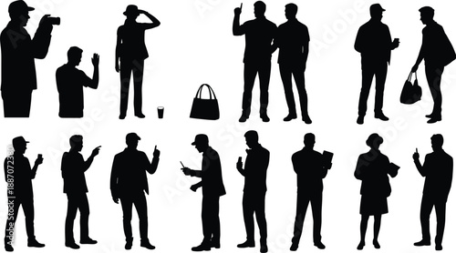 Business people silhouette vector illustration set showing communication, teamwork, discussion, smartphone usage and professional gestures, isolated black figures for corporate, office and marketing 