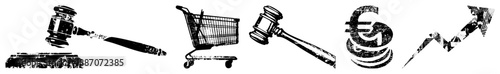 Auction Gavel, Shopping Cart, Euro Coin, and Rising Graph Set