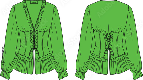 Women corset blouse technical fashion illustration with front and back views, featuring lace-up bodice, long sleeves, fitted waist, peplum hem, and detailed garment flat design isolated on 
