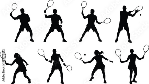 Silhouette Set of Male and Female Tennis Players in Action Poses Isolated on White Background for Sports Design