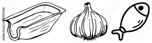 Simple Art of Fish, Garlic, and Plastic Container