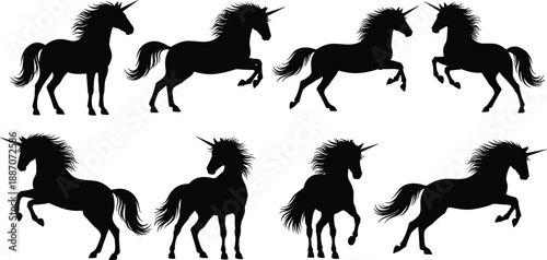 Unicorn Silhouette Set of Magical Mythical Horses in Dynamic Poses Isolated on White Background for Fantasy Design Illustration