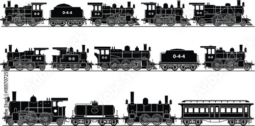 Vintage Steam Train Silhouette Set Featuring Classic Locomotives, Wagons, and Railway Cars Isolated on White Background for Retro Design