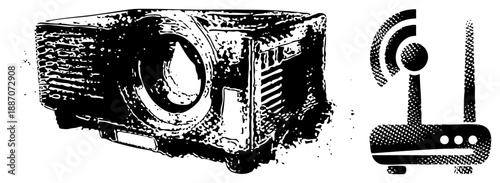 Vintage Projector and Wireless Router Vector