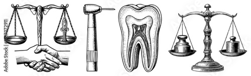 Dental Tools and Justice Scales with Handshake Vector Illustration