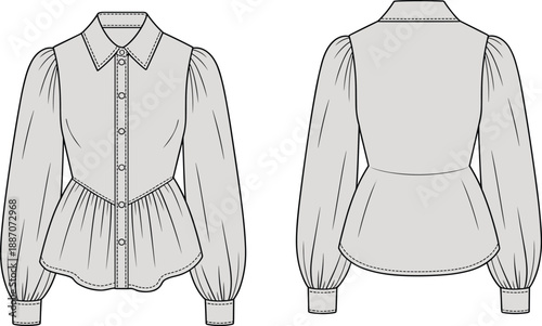 Women long sleeve blouse technical flat sketch front and back view, button down peplum top fashion apparel design vector illustration