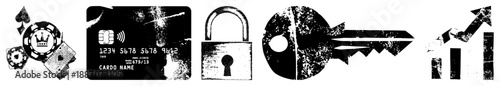 Set of Five Black and White Symbols Including Poker Chips, Credit Card, Lock, Key, and Bar Graph