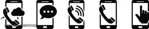 Set of black smartphone icons representing various communication actions such as calling, texting, and sending messages via cloud services.