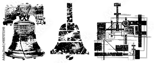 Vintage Bell with Inscriptions and Mechanical Bell Tower Blueprint