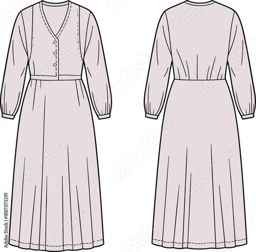 Women midi dress technical fashion illustration with front and back views, featuring long puff sleeves, button front bodice, fitted waist, flowing skirt, 