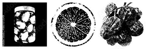 Black and White Halftone Illustration of Preserved Fruit, Citrus Slice, and Raisins