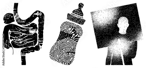 Abstract Human Digestive System, Bottle, Halftone Silhouette Vector Set