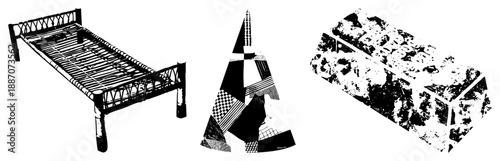 Abstract Geometric Bed Frame with Textile and Brick Texture