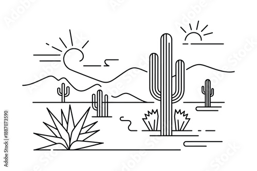 Minimalist desert landscape with saguaro cacti and agave