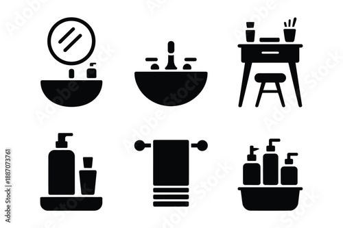 Bathroom vanity, sink, mirror, and toiletries icons