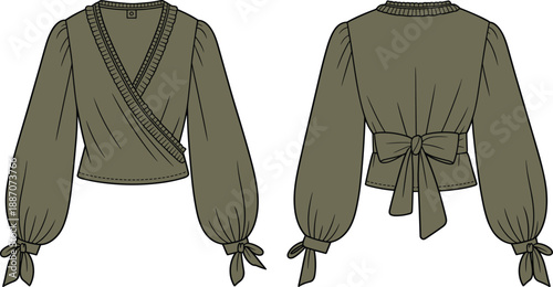 Women wrap blouse technical fashion illustration with front and back views, featuring long puff sleeves, tied cuffs, waist bow detail, and detailed garment flat design isolated on white background