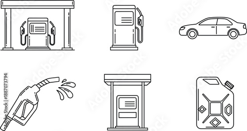Collection of gasoline station icons: pumps, car, fuel nozzle, and canister, symbolizing fuel and transportation services.