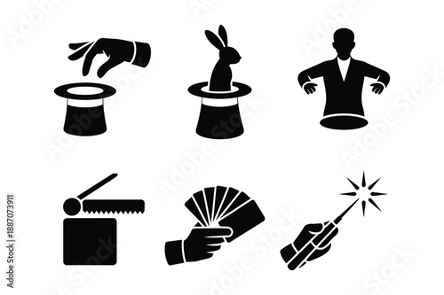 Magic Show Icons: Top Hat, Rabbit, Cards, and Saw