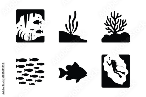 Underwater Scene Icons: Scuba Diver, Fish School, Coral