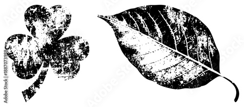 Grunge Styled Clover and Leaf Silhouettes with Distressed Texture