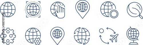 Global web and internet line icon set, world globe symbols for navigation, search, location, settings and travel, modern outline vector illustration