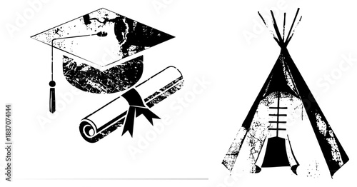 Graduation Cap and Diploma with Native American Teepee Set