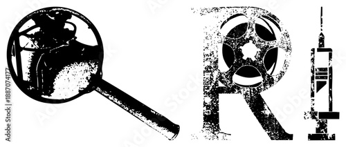Vintage Film Reel, Magnifying Glass, and Syringe as Stylized Glyph