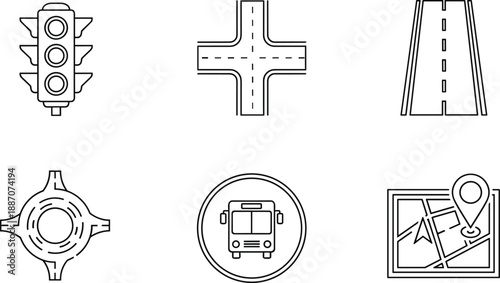 Collection of line art icons representing traffic signals, road intersections, and navigation elements for transportation themes.